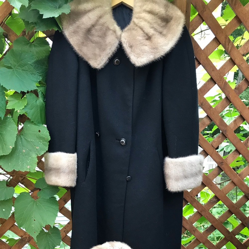 Winter grey wool coat and hat set  trimmed in mink